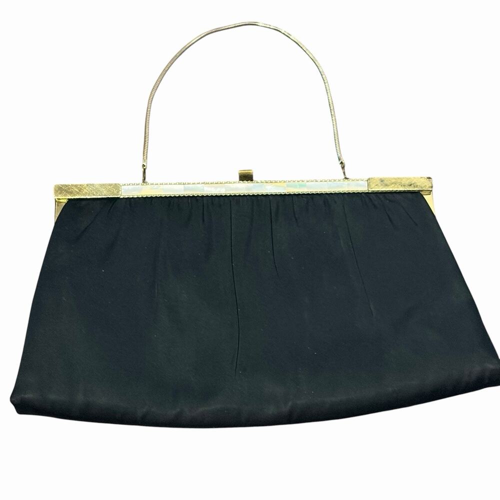 After Five Black Satin Clutch Vintage Gold Tone Mother of pearl Frame Formal